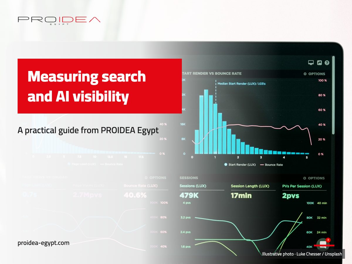 Illustration for “Measuring search and AI visibility”: A laptop showing an analytics dashboard with traffic charts