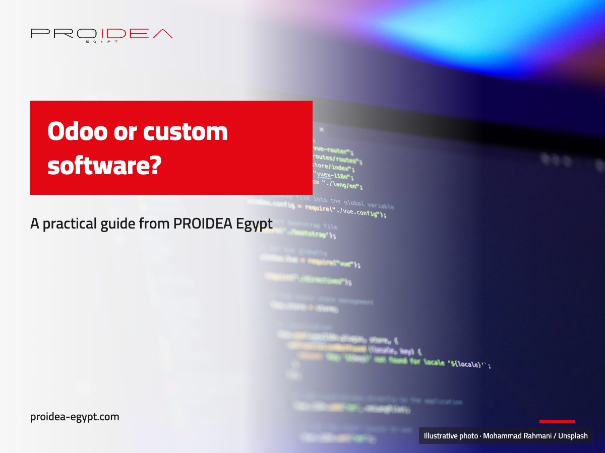 Illustration for “Odoo or custom software?”: A laptop screen displaying colourful code