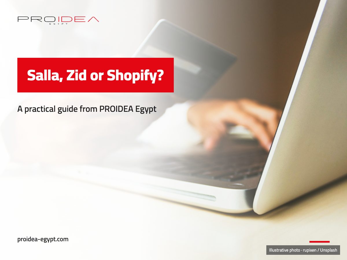 Illustration for “Salla, Zid or Shopify?”: A person holding a payment card while typing on a laptop