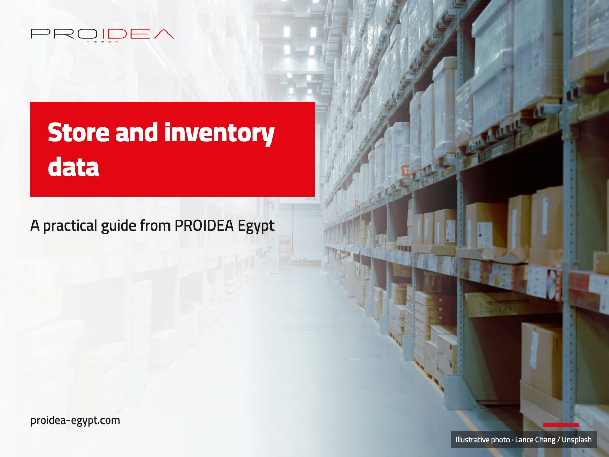Illustration for “Store and inventory data”: A long warehouse aisle with shelves of boxes