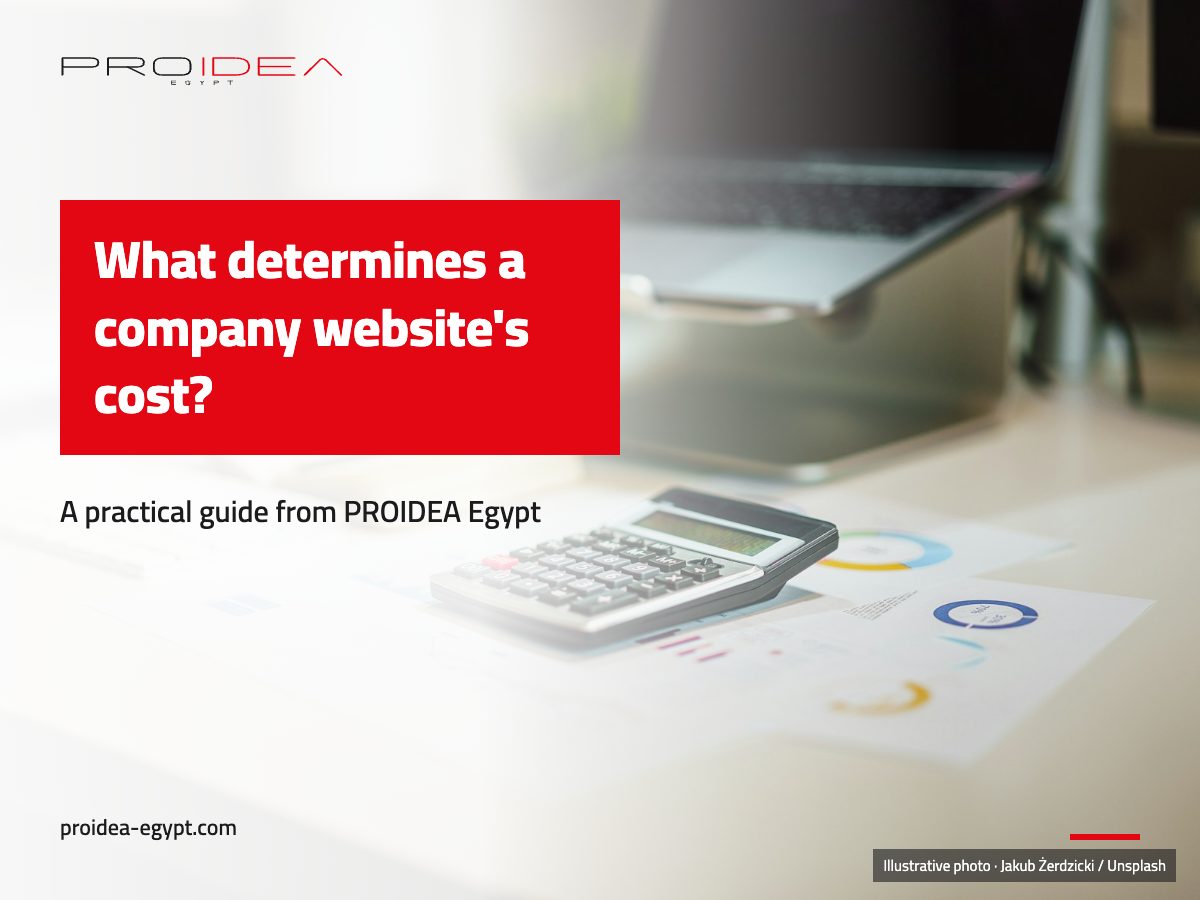 Illustration for “What determines the cost of a company website?”: A calculator, papers and a laptop on a desk