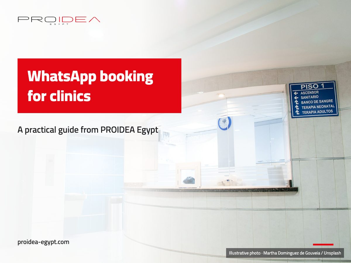 Illustration for “WhatsApp booking for clinics”: A reception desk in a clinic lobby